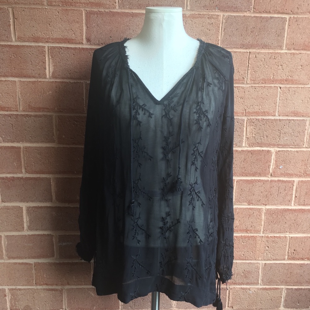 Lucky Brand Sheer Black Embroidered V-Neck Blouse